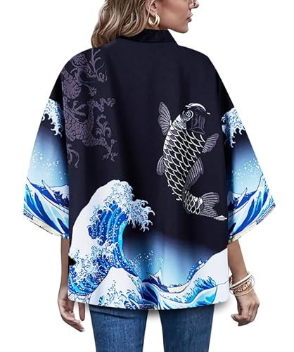 Image of LAI MENG FIVE CATS Women's Floral Print Loose Blouse Japanese Kimono Tops | Puff Sleeve,Cover up Top,Casual Cute Tops,Summer Cardigans 2026