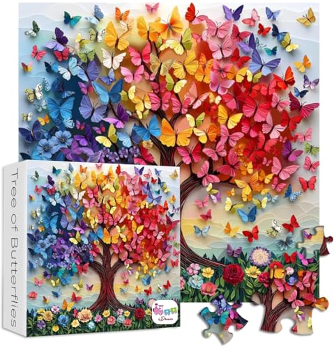 Image of iDream 1000 Pieces Jigsaw Puzzle - Artistic 3D Design, Colorful Wall Decor, Challenging Puzzle Gift for Friends & Family (Butterfly Tree)