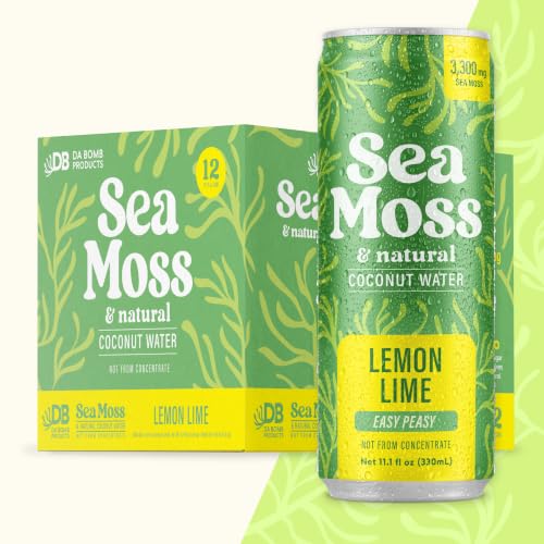 Da Bomb Sea Moss Coconut Water Drink, Lemon Lime, 12 Pack, 11.1 fl oz Cans, 3,300 mg Sea Moss, Electrolytes, No Added Sugar, Non-GMO, Dairy Free, Gluten Free