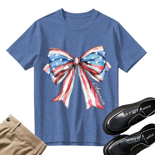 American Flag Shirt Women USA Bow Tee Tops 4th of July Patriotic Short Sleeve Blue X-Large