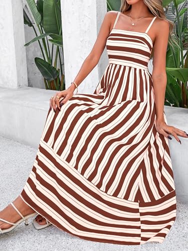 Image of PRETTYGARDEN Women Summer Maxi Dresses 2026 Spaghetti Strap Boho Floral Striped Wedding Guest Beach Vacation Flowy Long Dress