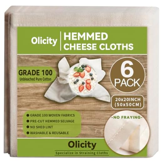 Olicity Cheese Cloths, Grade 100, 20x20Inch Hemmed Cheesecloth for Straining Reusable, 100% Unbleached Precut Cheese Cloth Strainer Muslin Cloth for Cooking, Baking, Juicing, Cheese Making - 6 Pieces