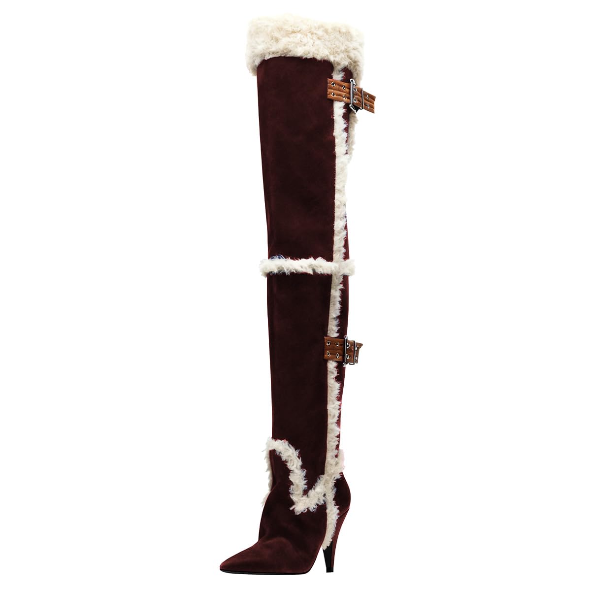 FSJ Women Thigh High Fur Boots Over-The-Knee Shearling Trim Buckle Straps Pointed Toe Stiletto Heel Fashion Winter Shoes
