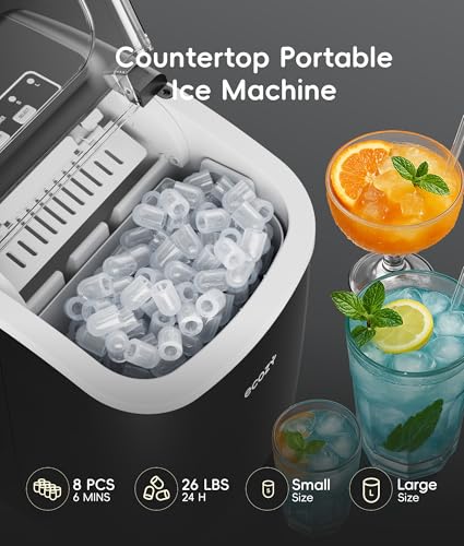 Image of ecozy Portable Ice Makers Countertop, 8 Cubes in 6 Mins, 26lbs /Day, Bullet Ice Maker Machine with 2 Ice Sizes, Self-Cleaning Ice Maker with Carry Handle for Home /Kitchen /Party /Travel - 2026 Version