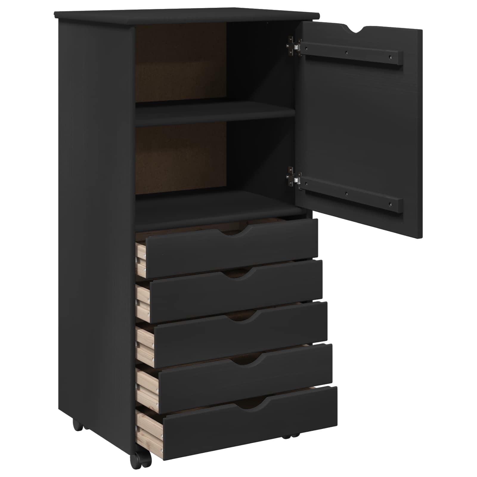 Armario con ruedas negro de madera maciza de pino 53 x 39 x 103 cm con 5 cajones y estante para oficina, hogar, pasillo, almacén