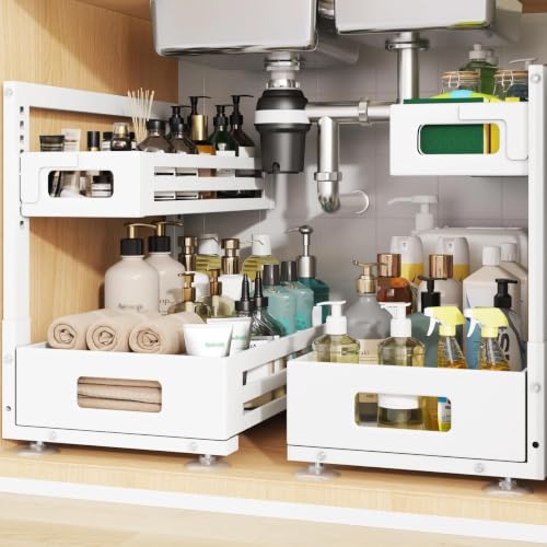 Image of 2 Pack 17IN-Depth Under Sink Organizer,Pull Out Cabinet Organizer With Smooth Cylindrical Rail,Metal Slide Out Drawer for Kitchen Bathroom Laundry,8-Level Tool Free Height Adjustable-White