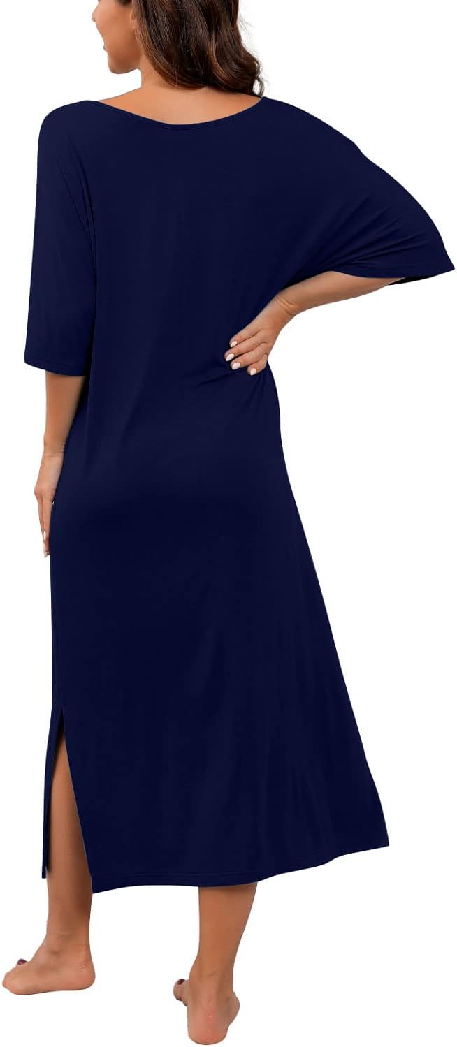 PrinStory Womens Long Nightgown Round Neck Nightshirts Short Sleeve Loose Loungewear Casual Sleep Dress With Pockets - Image 6