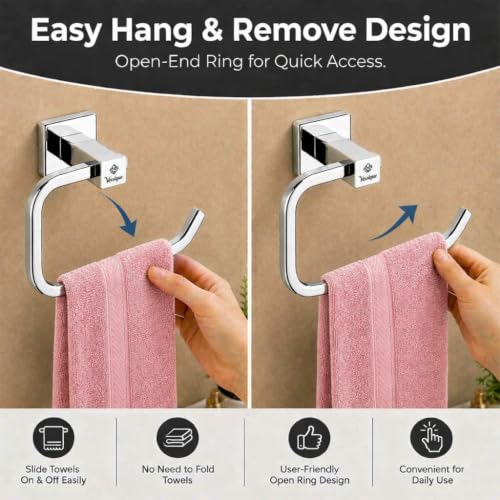 Image of SS304 Stainless Steel Towel Holder for Bathroom, Square Towel Ring, Wall Mounted, Chrome Finish, Hand Towel Hanger for Wash Basin, Kitchen Towel Hanger, Modern Bathroom Accessories
