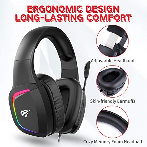 havit Cuffie gaming PS4 Cuffie da gioco con microfono a riduzione del rumore Illuminazione RGB Surround Sound, controller 50MM per Xbox One/PC/Mobile （2025d, nero）
