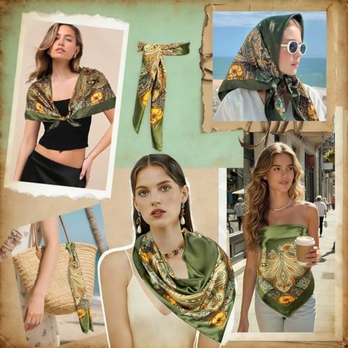 Image of SANNIDHI Hair Head Scarf for Women Satin Silk Like Neckerchief Fashion Print Square 35in Bandana Handbag Decor