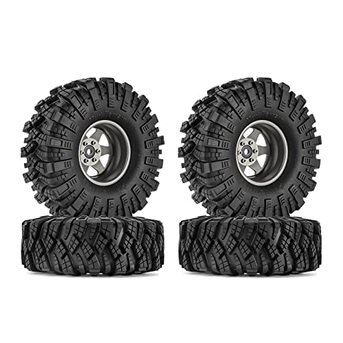 INJORA 1.9 Mud Tires Set Offset -8.9mm Beadlock Wheel Rim for 1/10 RC Crawler Car Axial SCX10 90046 UTB18 TRX4 (Grey)