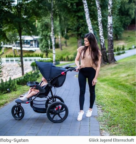 Moby-System Runner Mountain Dreirad-Kinderwagen mit Regenschutz, 15 kg Belastbar - Kinderwagen Zubehör Set mit 5-Punkt-Gurt, Reflektoren, Sichtfenster & Ablagekorb - Schwarz