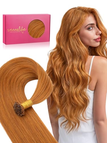 WENNALlFE Mini Flat Tip Hair Extensions Human Hair, 50g 60s 18 Inch Auburn Ginger Remy Hair K Tip Hair Extensions Seamless Soft and Invisible Keratin Extensions De Cabello