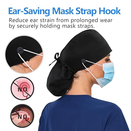 Image of Satin Lined Scrub Cap for Women, Bouffant Nurse Cap with Sweatband and Buttons, Adjustable Surgical Hat for Curly Hair, Braids, Long Hair and Buns