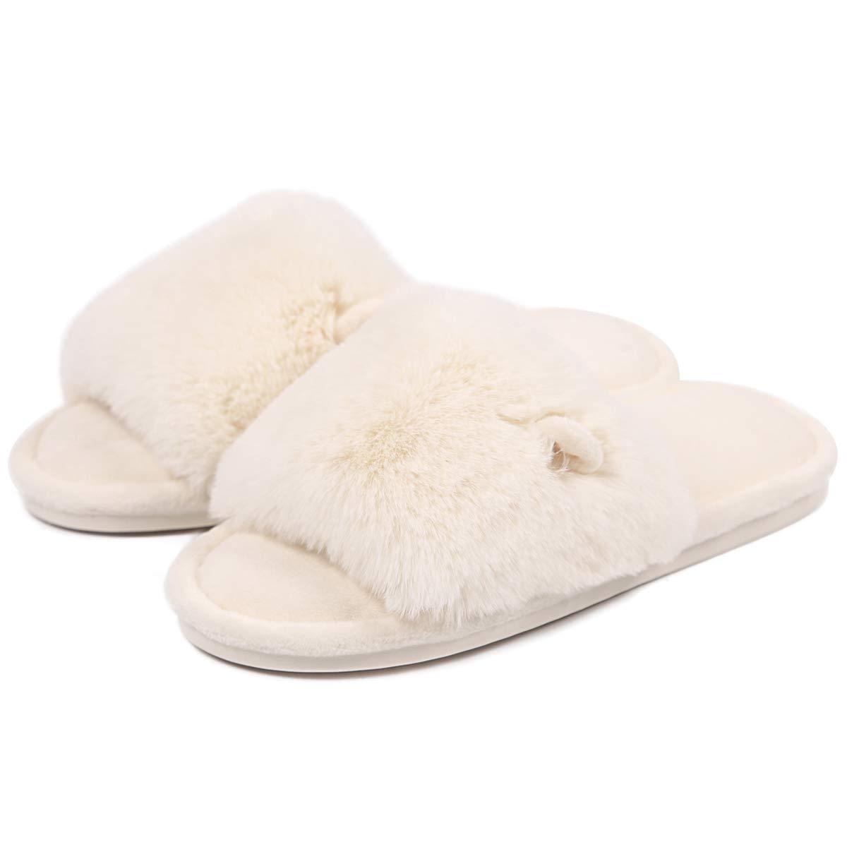 Caramella Bubble Women's Open Toe Bunny Fuzzy Slippers, Furry Fur House Indoor Outdoor Slippers, Soft Plush Memory Foam Flat Anti-Slip Spa Slide Slipper