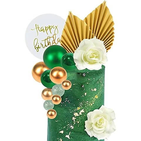 BANBALLON 15Pcs Green Gold Ball Cake Topper Flower Cake Decorations Happy Birthday Cake Picks Insert Topper for Birthday Party Wedding Decoration Cover