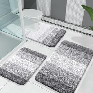 OLANLY Bathroom Rugs Sets 3 Piece, Soft Absorbent Microfiber Bath Mats and U-Shaped Contour Toilet Rug, Machine Wash Dry, Plush Shaggy Bath Mat Set for Bathroom (30″x20″+24″x16″+24″x20″, Grey)