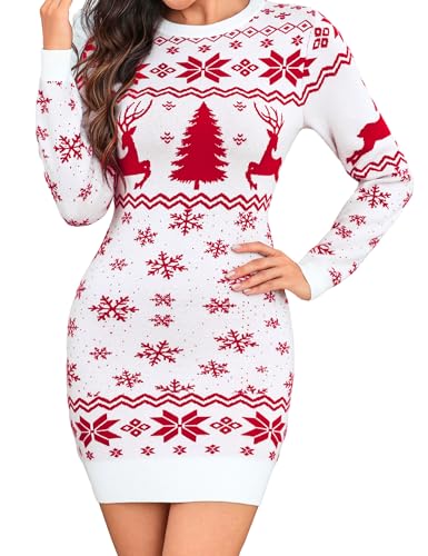 Totatuit Kleid Weihnachten Damen Strickkleid Langarm mit Rentier Motiv Stylisches Figurbetontes Design Perfekt für Party und Winterfotos...