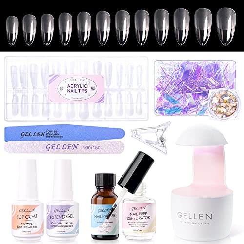 Gellen Nail Tips and Glue Gel Kit, Acrylic Nail Kit- 240Pcs Almond Nail, UV LED Nail Lamp, Extension DIY Nail Tools, Nail Art Decorations Set, All-In-One Gel Nail Extension KitÂ¡Â­
