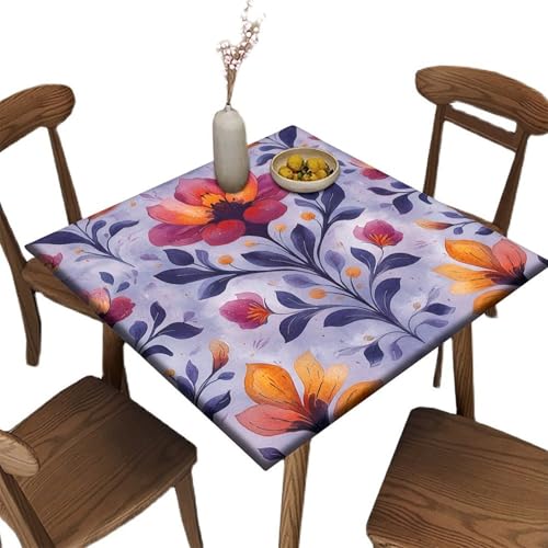 Floral Magic Pattern Printed on Elastic Tablecloth Square, Oilproof Outdoor Table Covers, Ideal for Weddings Birthdays Events, F