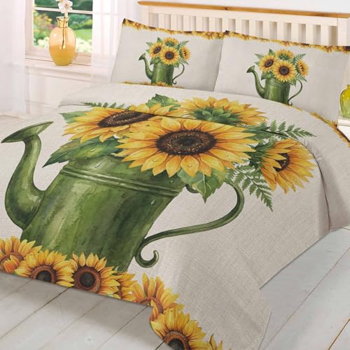 Duvet Cover Full Size 3 Piece Bedding Set, Watercolor Sunflower