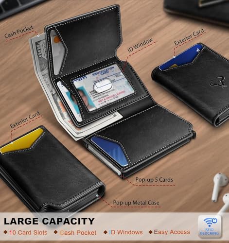 Image of VOGARD RFID Blocking Pop-Up Wallet for Men | Slim Leather Bifold Wallet with Metal Card Holder, Magnetic Flip, ID Window & Cash Pocket | Holds 10 Cards Black