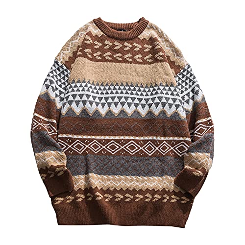Mens Grassland Cow Vintage Oversize Knitted Sweater Long Sleeve Round Neck Knitted Pullover Jumper Unisex Fall Tops