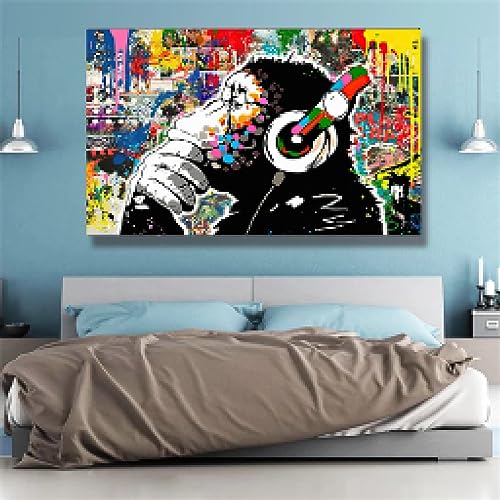 Tableau moderne singe avec casque toile prête à suspendre 35x55