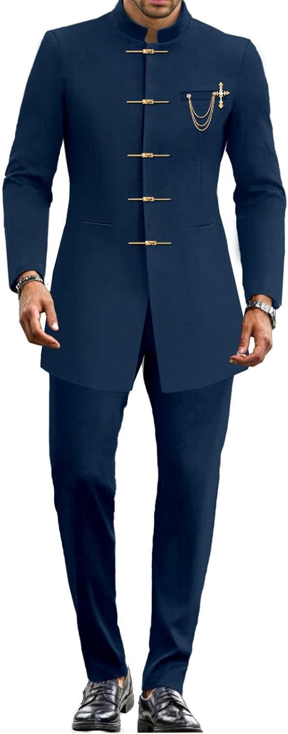 Men's Slim Fit Suit Set, Gold Metal Long Button and Metal Crown Solid Jacket 2 Pieces Outfit