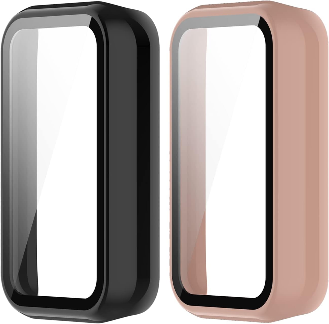 E ECSEM Compatible for Amazfit Band 7 Case with Built-in Tempered Glass Screen Protector, Full Coverage Hard PC Ultra-Thin Protective Cover for Amazfit Band 7 Accessories (Black&Pink)