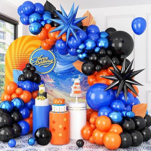 Black Orange Blue Balloon Arch Kit,Royal Blue Black Balloon Garland with Star Foil Balloons for Birthday Graduation Basketball Party Decorations