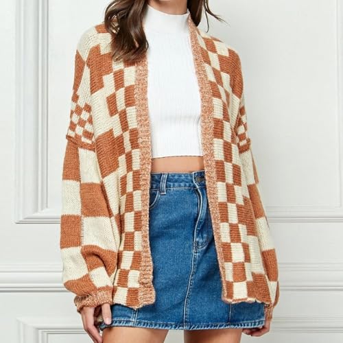 Womens Plaid Sweater Cardigan Checkered Button Down Contrast Long Sleeve Coats Cable Knit Oversized Sweaters Tops2