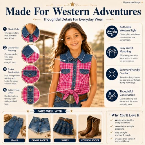 Image of Bienzoe Western Plaid Girls Shirt: Sleeveless Button Down | For girls who love cowgirl style, rodeo days, country concerts, summer comfort, family photos, horse shows, outdoor fun