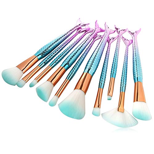 CINIDY Mermaid Makeup Brushes set 11pcs Green Gradient Face Kabuki Brushes Foundation Powder Cream Eyebrow Eyeliner Blush Cosmetic Concealer Brush