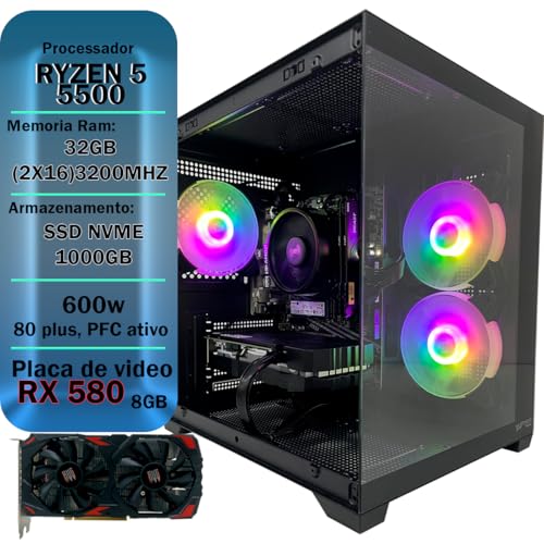 PC GAMER RYZEN 5 5500, 32GB 3200MHZ, SSD M.2 NVME 1TB RX 580