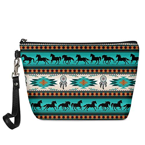 Cosmetic Makeup Case Southwestern Aztec Tribal Horse Print Hanging Travel Cosmetic Bag Trapezoid Portable Soft Leather Multifunction Case Lightweight Toiletry Storage Bag