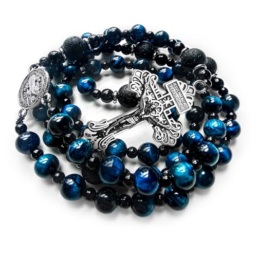 rosary beads catholic for men,Rosary Necklace for men with medal & cross,Handmade Blue Tiger Eye Beads Our Lady of Grace Rosary Cross Necklace Catholic Gifts