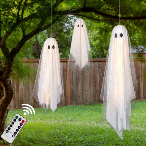 AYGXU Halloween Decorations outdoor/indoor-3pcs Hanging Ghost Decor with Light Halloween Ornaments Hallowee n Decor for Tree Yard Window Garden