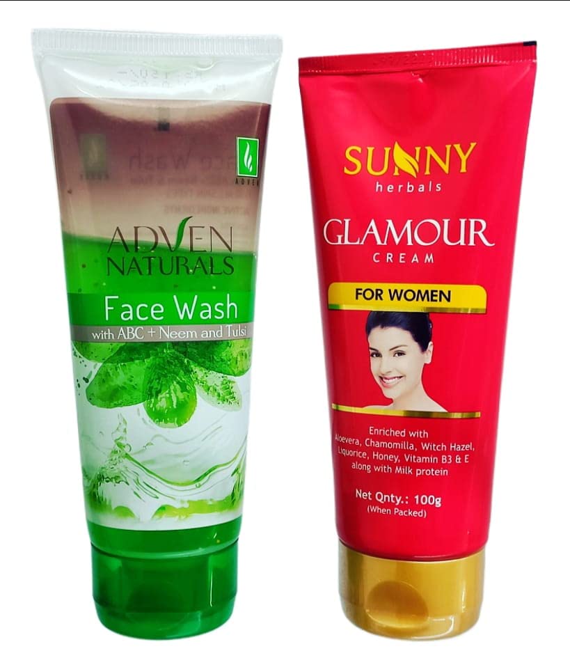 Adven Naturals Face Wash With ABC + Neem And Tulsi 100ML and Sunny Harbal Glamour Cream For Women Enriched With Aloevera Chamomilla Witch Hazel Liquorice Honey Vitamin B3 & E 100GM (SET OF 2)