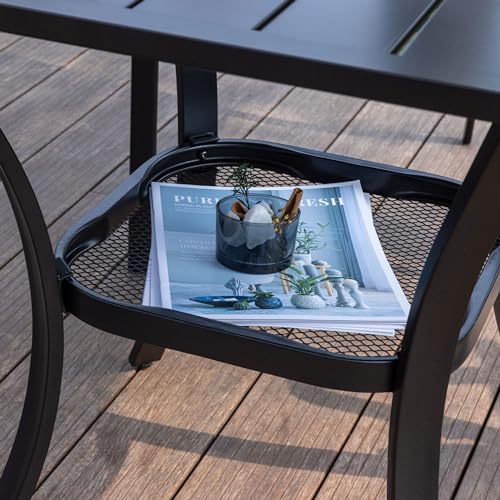 Image of VICLLAX Small Patio Dining Table for 2, Square Metal Slatted Tabletop with Storage Shelf for Front Porch Lawn Garden, Walnut Tabletop(No Umbrella Hole)
