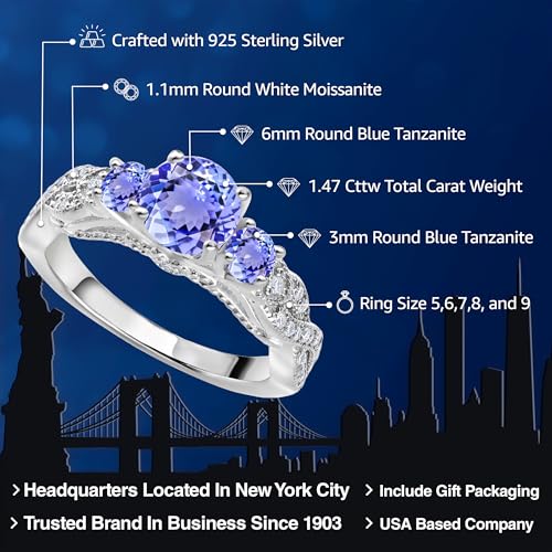 Gem Stone King 1.47 Cttw Blue Tanzanite and White Moissanite Engagement Ring For Women | 925 Sterling Silver | Gemstone December Birthstone | Round 6MM and 3MM2