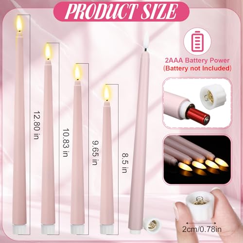 Image of Rossesay 24 Pcs Flameless LED Taper Candles Battery Operated Candle 8.5 inch, 9.65 inch, 10.8 inch, 12.8 inch Flameless Candlesticks Flickering for Christmas Church Wedding Indoor Decoration(Classic, Dusty Pink)