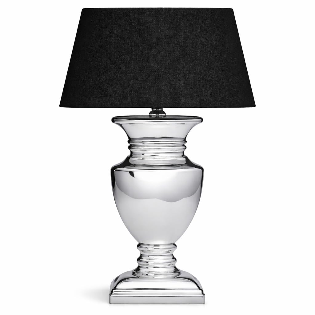 Tischlampe mit Schwarzem Stoffschirm & silbernem Keramikfuß – 53 cm Nachttischlampe mit Kabelschalter – Platzsparende Tischleuchte für Schlafzimmer, Wohnzimmer, Büro – Dekolampe E27, Leselampe