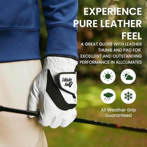 Image of Amy Sport Golf Gloves Men Right Handed Golfer Left Hand 1 or 3 Pack PU Leather All Weather Grip Soft Breathable Flexible for Mens (Pure White-1 Pack, M /Large, Left)