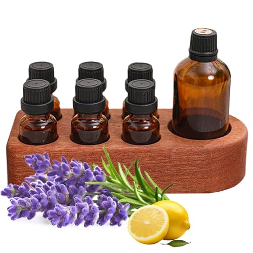 Wisnewth Porte-Flacon à Huiles Essentielles en Bois - Support 7 Trous pour 6 Fioles de 4cm et 1 Flacon de 6cm - Design Vintage pour Salon, Salle de Bain, Spa...