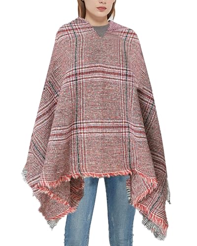 crazy bean Poncho para Mujer Cape Poncho con Capucha Plaid Cape Punto Chal Holgado para Otoño Invierno
