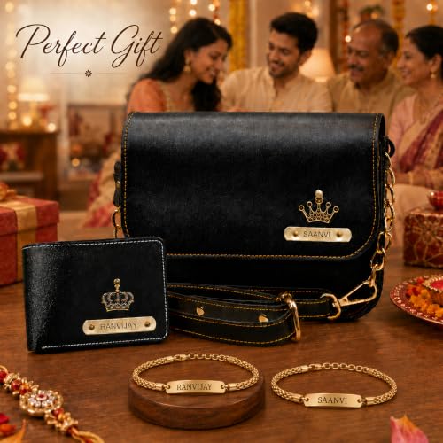Image of SAVRI Personalized Rakshabandhan Gift for Bhaiya & Bhabhi | Customized Leather Wallet & Sling Bag with Name & Charm | Set of 2 Personalized Chain Rakhis with Name | Couple Gift for Anniversary & Rakhi