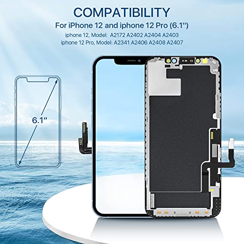 Fftopu Iphone 12/12 Pro Screen Replacement Kit 6.1'' Lcd Display 3D Touch Screen Digitizer Full Assembly Repair Kits Waterproof Frame Sticker+Screen Tempered Protector #TOP1