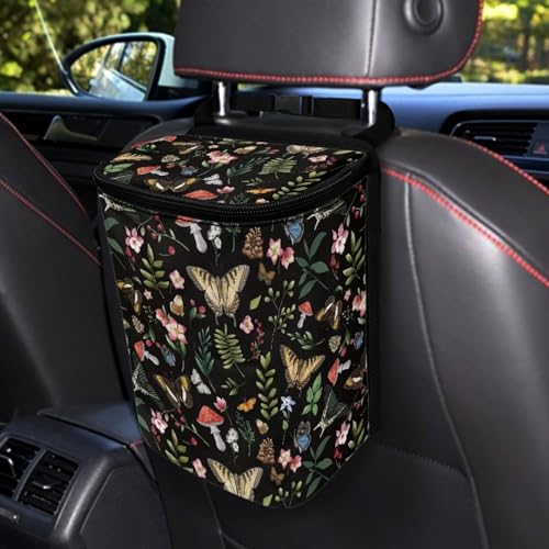 Image of Talayituse Mushroom Butterfly Flower Print Car Trash Bin, Large Size Auto Trash Can Adjustable Portable Garbage Can with Lid, Vehicle Hanging Bag for Headrest Front Back Seat