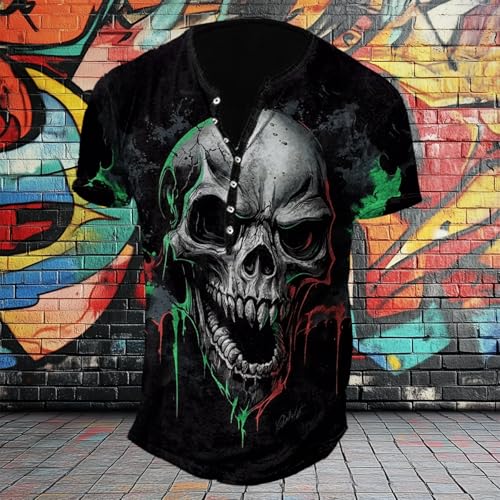 ZOCANIA Mens Henley Shirts Skull Print V Neck Short Sleeve Casual Button Down T-Shirts Vintage Tees Top Summer Henley Shirt2